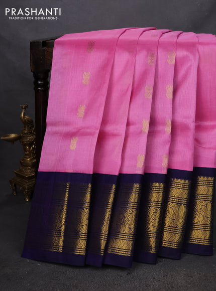 Silk cotton saree light pink and blue with zari woven buttas and zari woven korvai border