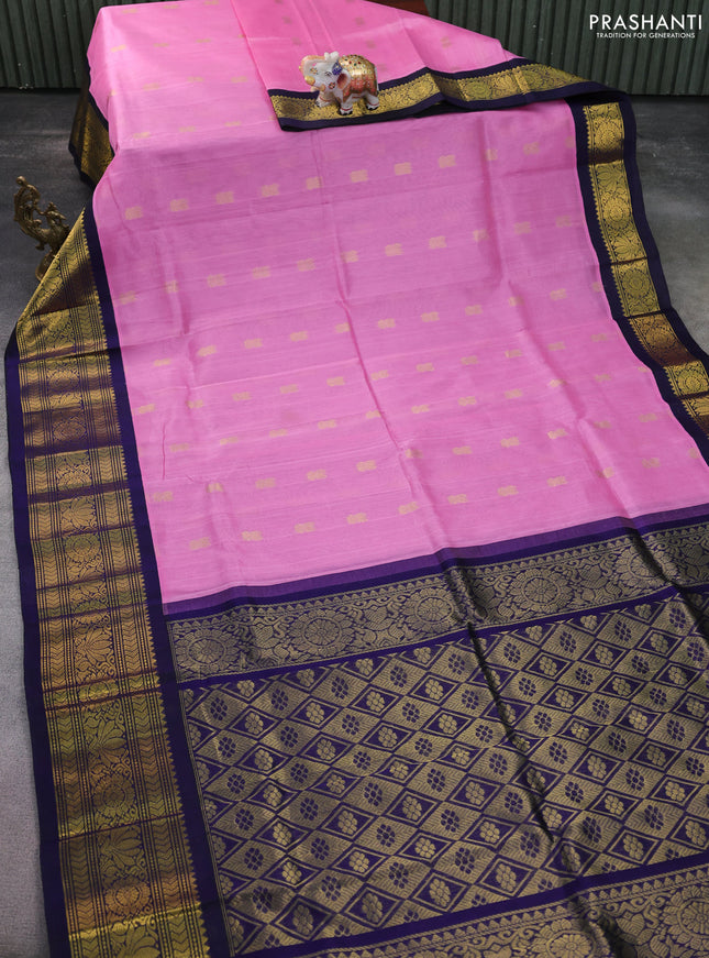 Silk cotton saree light pink and blue with zari woven buttas and zari woven korvai border