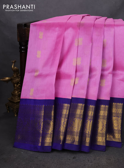 Silk cotton saree light pink and blue with zari woven buttas and zari woven korvai border
