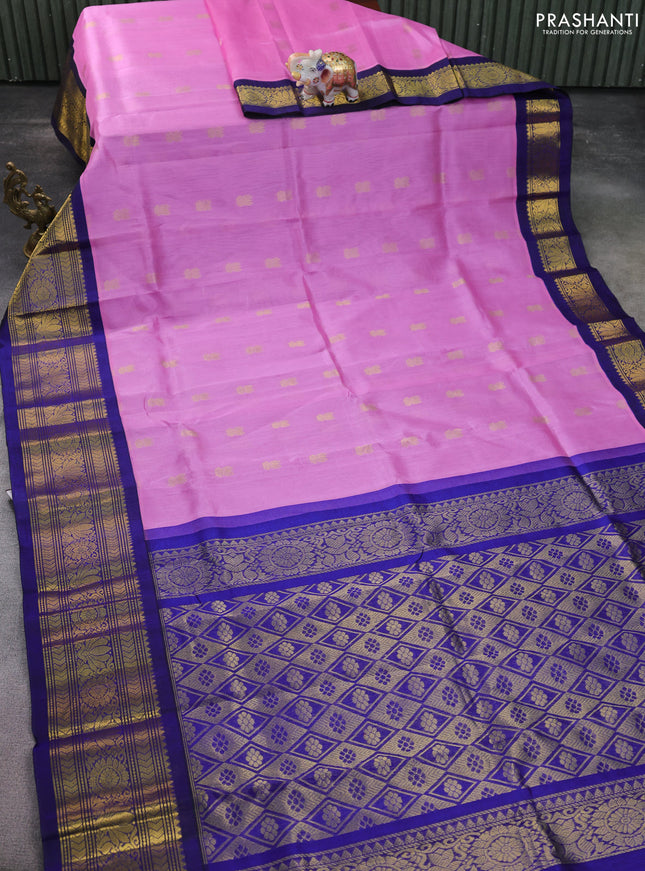 Silk cotton saree light pink and blue with zari woven buttas and zari woven korvai border