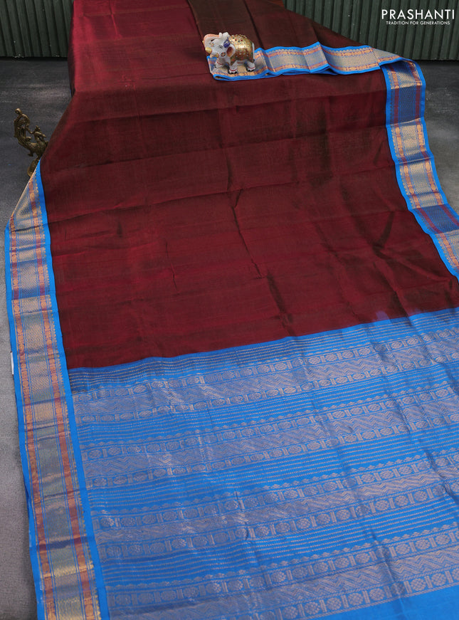 Silk cotton saree deep maroon and cs blue with allover vairaosi pattern and zari woven korvai border
