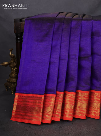 Silk cotton saree blue and dual shade of pinkish orange with allover vairaosi pattern and zari woven korvai border