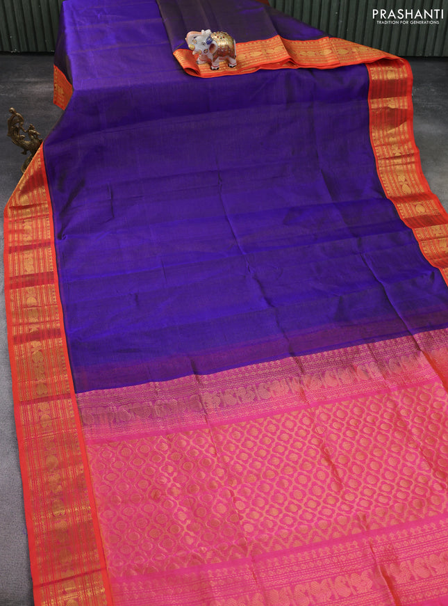 Silk cotton saree blue and dual shade of pinkish orange with allover vairaosi pattern and zari woven korvai border