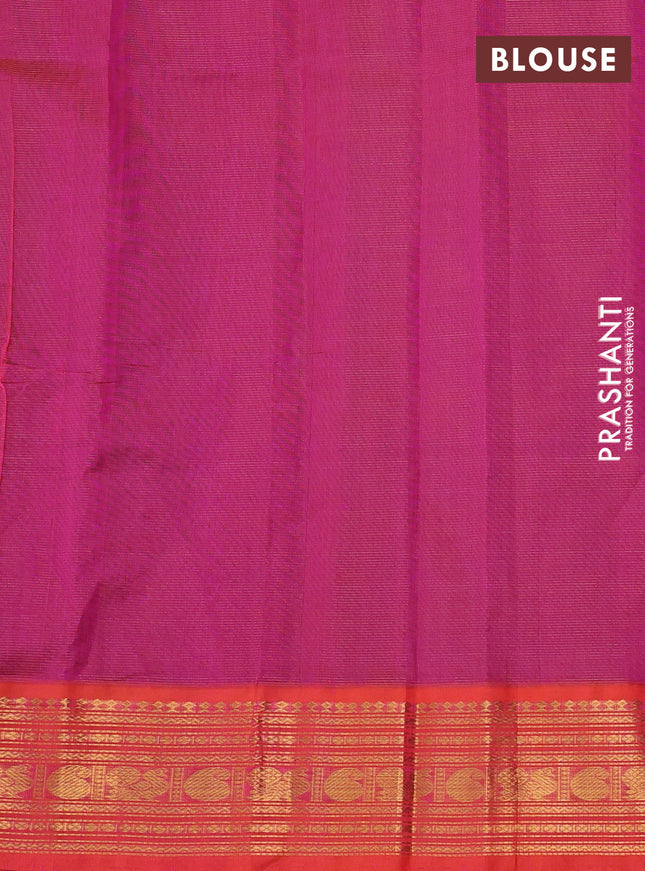 Silk cotton saree blue and dual shade of pinkish orange with allover vairaosi pattern and zari woven korvai border