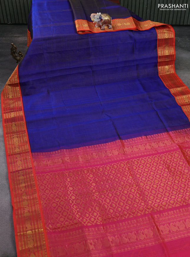 Silk cotton saree blue and dual shade of pinkish orange with allover vairaosi pattern and zari woven korvai border