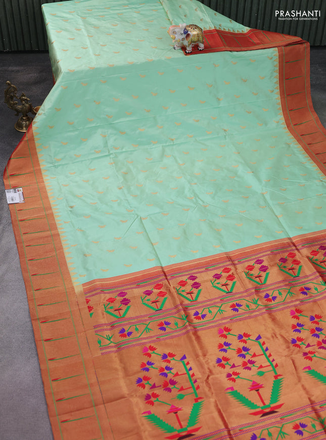Pure paithani silk saree pista green and red with allover peacock zari woven buttas and zari woven muniya butta border