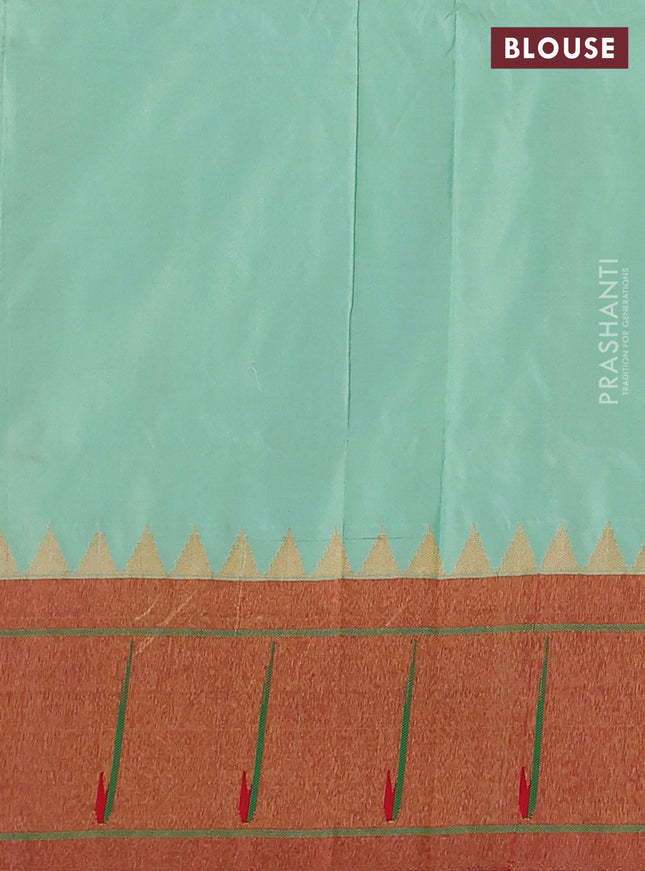 Pure paithani silk saree pista green and red with allover peacock zari woven buttas and zari woven muniya butta border