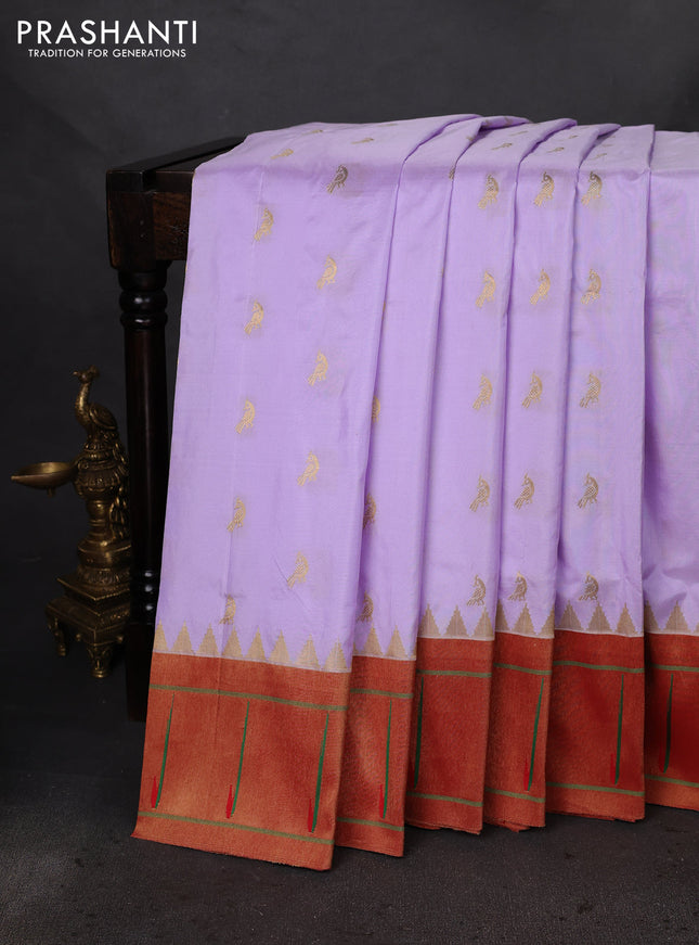 Pure paithani silk saree mild lavender and red with allover peacock zari woven buttas and zari woven muniya butta border