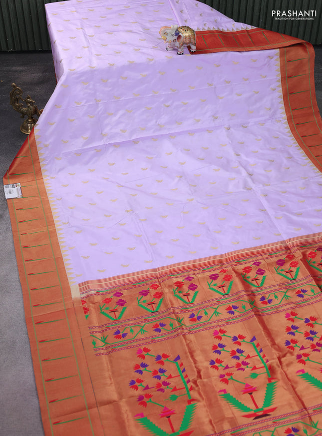 Pure paithani silk saree mild lavender and red with allover peacock zari woven buttas and zari woven muniya butta border