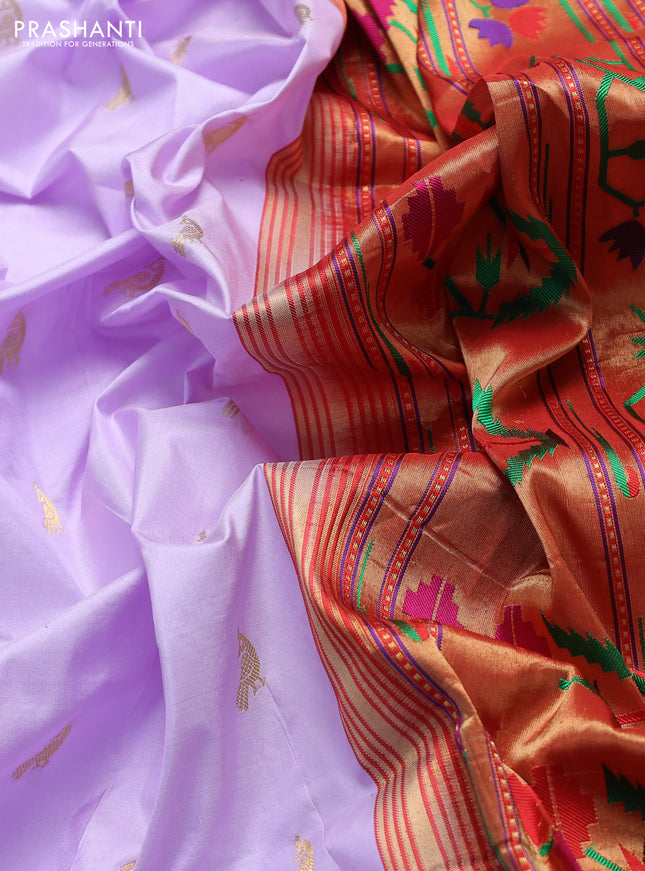 Pure paithani silk saree mild lavender and red with allover peacock zari woven buttas and zari woven muniya butta border