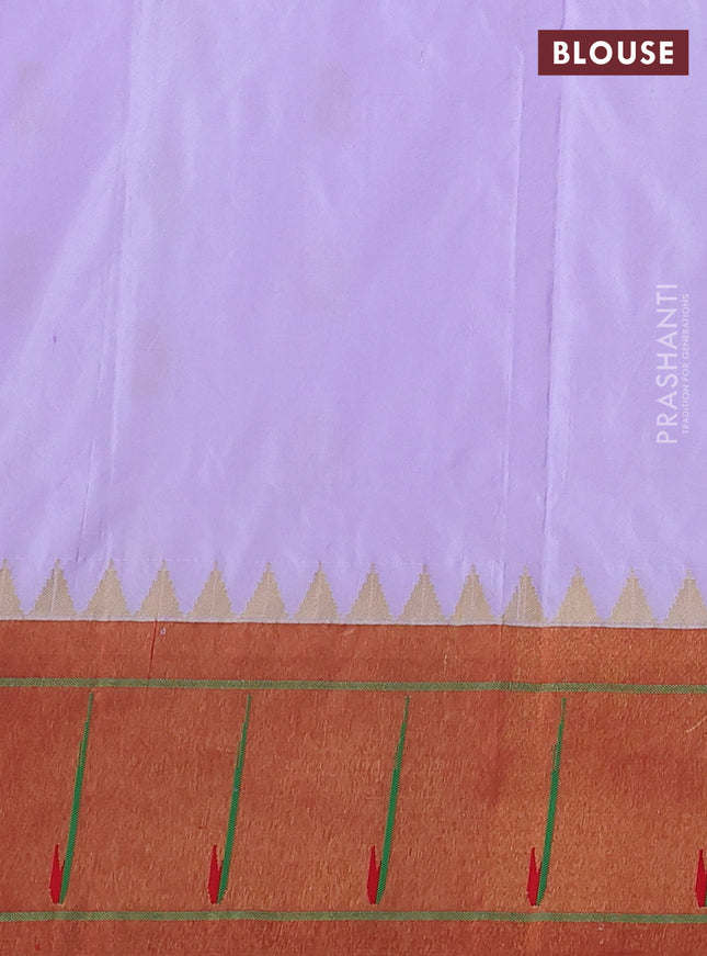 Pure paithani silk saree mild lavender and red with allover peacock zari woven buttas and zari woven muniya butta border