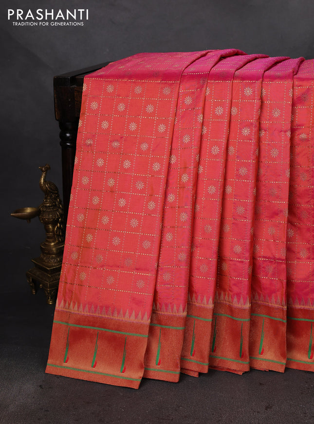 Pure paithani silk saree dual shade of pinkish orange with allover zari checks & buttas and zari woven muniya butta border