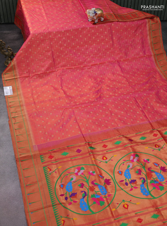 Pure paithani silk saree dual shade of pinkish orange with allover zari checks & buttas and zari woven muniya butta border