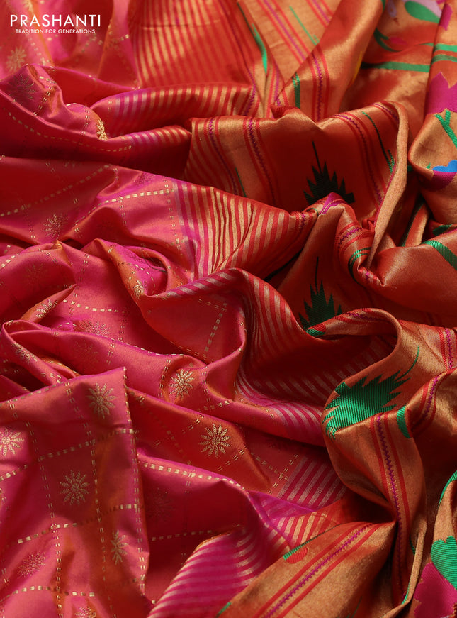 Pure paithani silk saree dual shade of pinkish orange with allover zari checks & buttas and zari woven muniya butta border