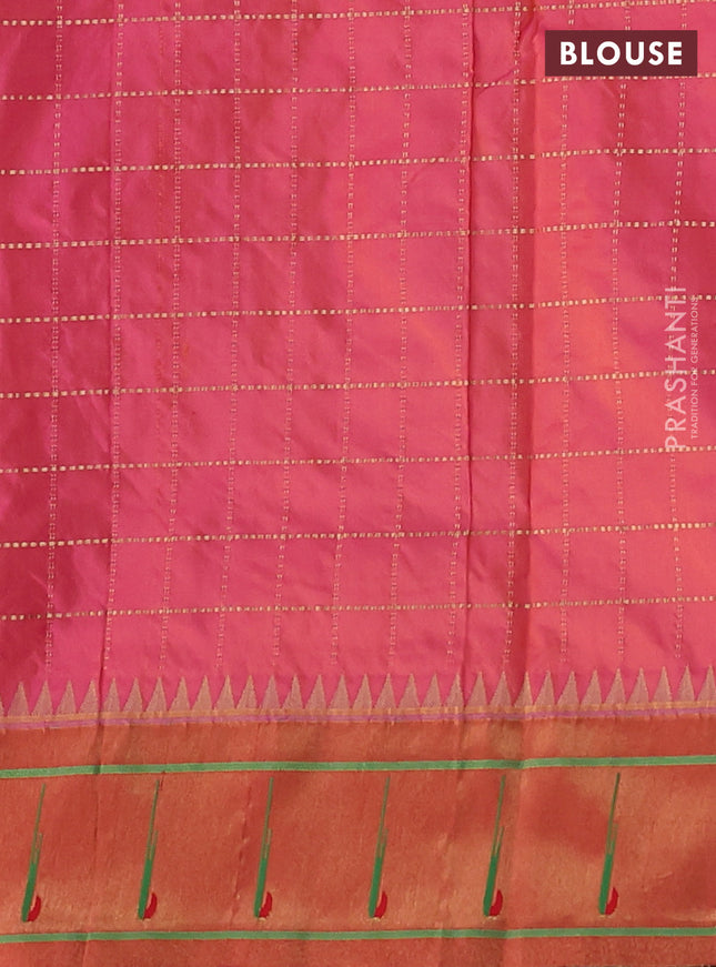 Pure paithani silk saree dual shade of pinkish orange with allover zari checks & buttas and zari woven muniya butta border