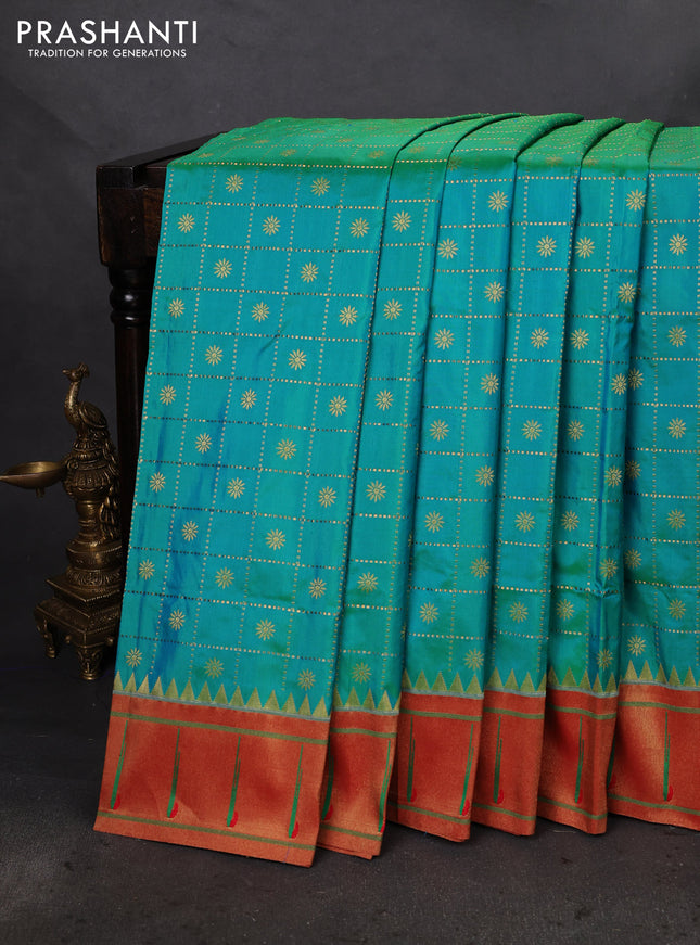 Pure paithani silk saree dual shade of teal bluish green and red with allover zari checks & buttas and zari woven muniya butta border