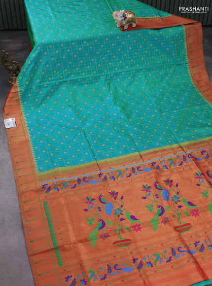 Pure paithani silk saree dual shade of teal bluish green and red with allover zari checks & buttas and zari woven muniya butta border