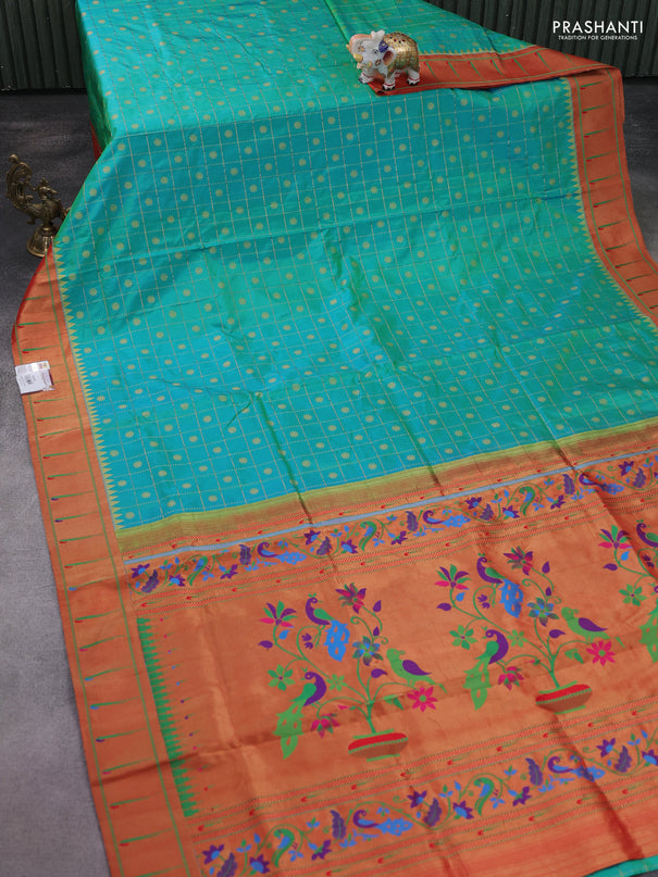 Pure paithani silk saree dual shade of teal bluish green and red with allover zari checks & buttas and zari woven muniya butta border