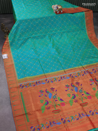 Pure paithani silk saree dual shade of teal bluish green and red with allover zari checks & buttas and zari woven muniya butta border