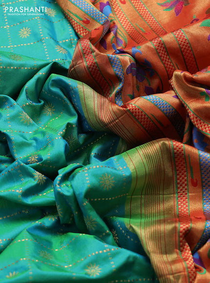 Pure paithani silk saree dual shade of teal bluish green and red with allover zari checks & buttas and zari woven muniya butta border
