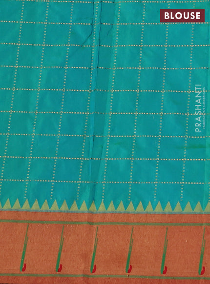 Pure paithani silk saree dual shade of teal bluish green and red with allover zari checks & buttas and zari woven muniya butta border