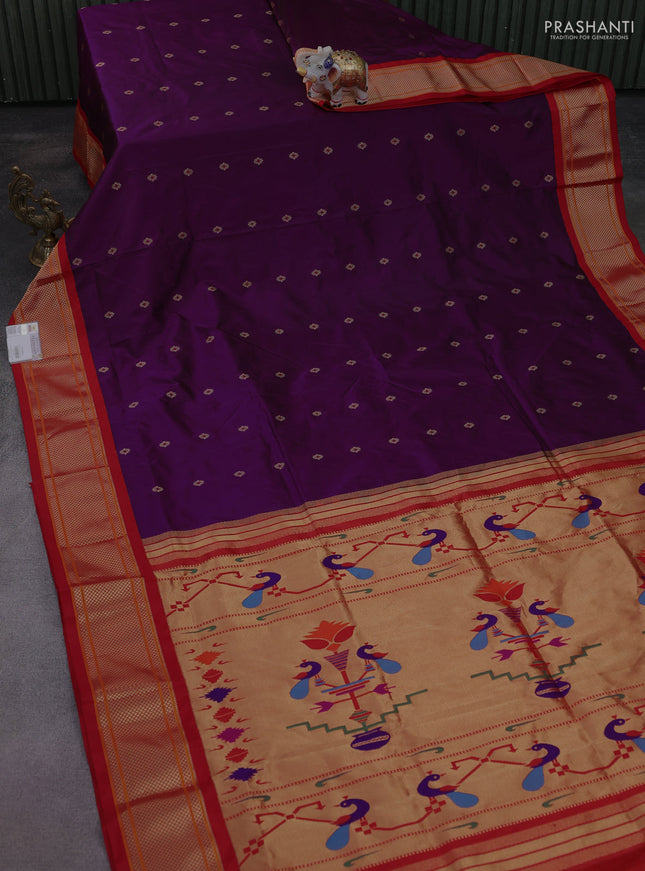 Pure paithani silk saree purple and red with allover zari woven buttas and paithani weaving pallu