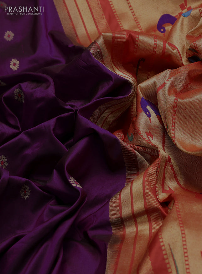 Pure paithani silk saree purple and red with allover zari woven buttas and paithani weaving pallu
