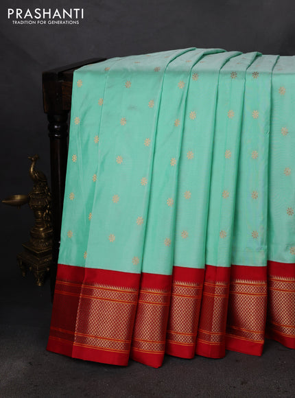 Pure paithani silk saree teal green shade and red with allover zari woven buttas and paithani weaving pallu