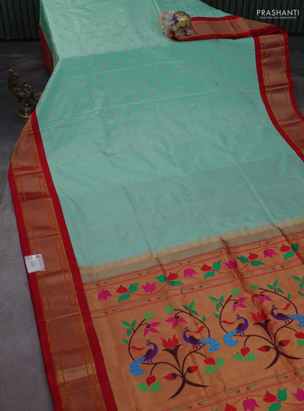 Pure paithani silk saree teal green shade and red with allover zari woven buttas and paithani weaving pallu