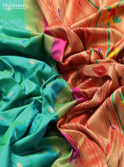 Pure paithani silk saree dual shade of teal bluish green and pink with allover zari woven buttas and paithani weaving pallu