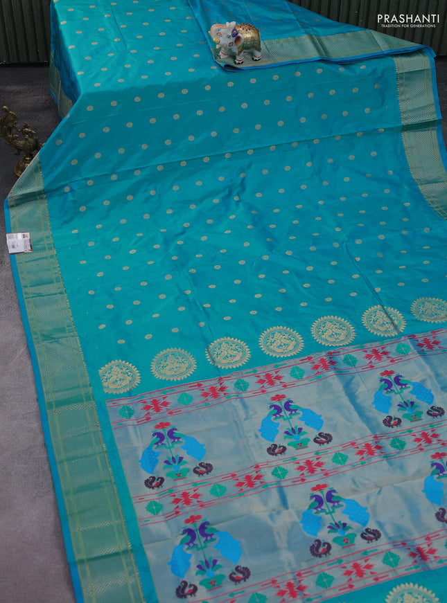 Pure paithani silk saree teal blue with allover zari woven buttas and paithani weaving pallu