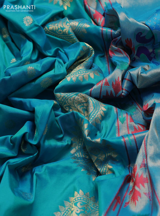 Pure paithani silk saree teal blue with allover zari woven buttas and paithani weaving pallu