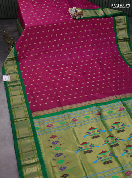Pure paithani silk saree pink and green with allover zari woven buttas and paithani weaving pallu