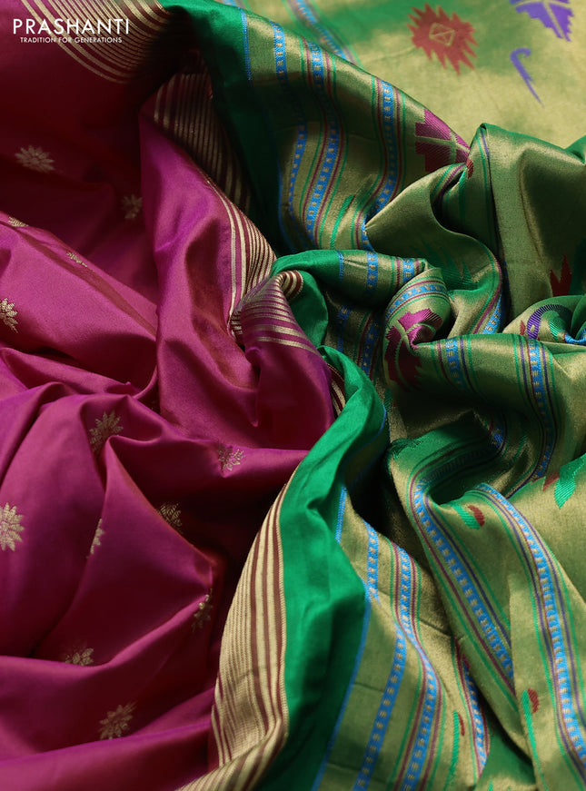 Pure paithani silk saree pink and green with allover zari woven buttas and paithani weaving pallu