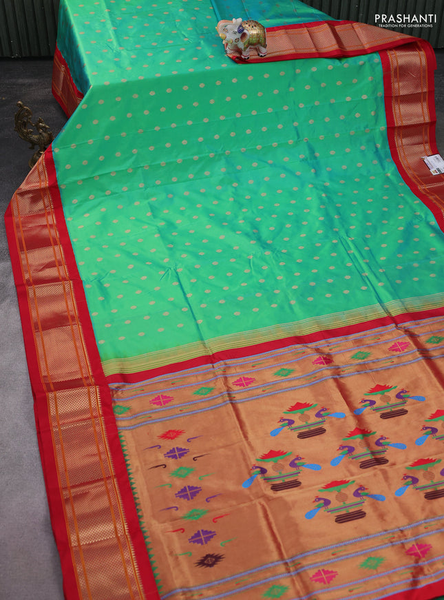Pure paithani silk saree dual shade of teal bluish green and red with allover zari woven buttas and paithani weaving pallu