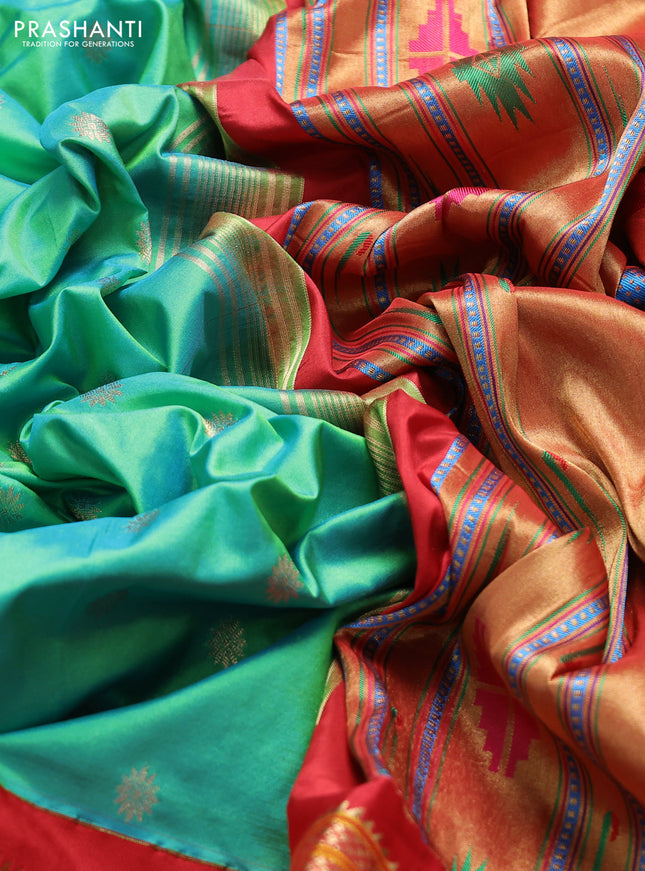 Pure paithani silk saree dual shade of teal bluish green and red with allover zari woven buttas and paithani weaving pallu