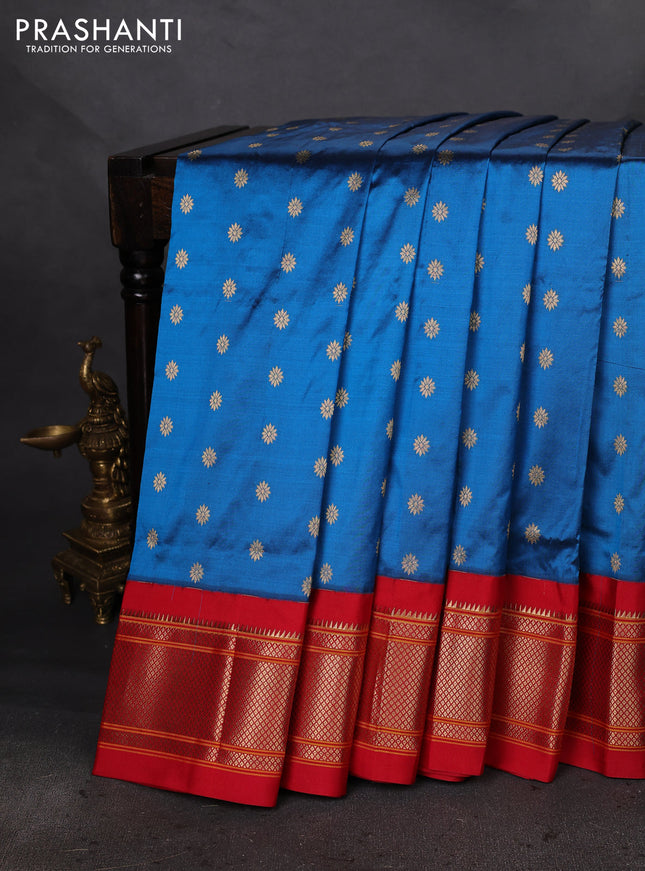 Pure paithani silk saree cs blue and red with allover zari woven buttas and paithani weaving pallu