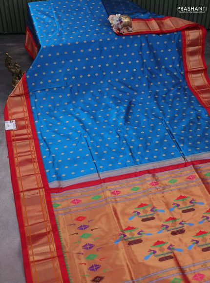 Pure paithani silk saree cs blue and red with allover zari woven buttas and paithani weaving pallu