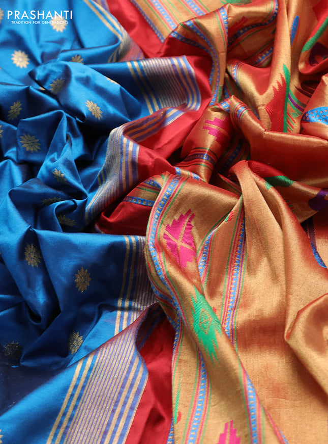 Pure paithani silk saree cs blue and red with allover zari woven buttas and paithani weaving pallu