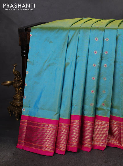 Pure paithani silk saree dual shade of teal blue and pink with allover zari woven buttas and paithani weaving pallu