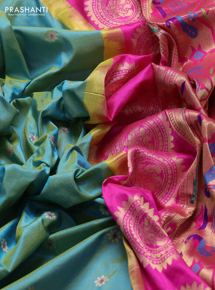 Pure paithani silk saree dual shade of teal blue and pink with allover zari woven buttas and paithani weaving pallu