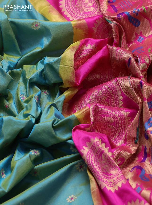 Pure paithani silk saree dual shade of teal blue and pink with allover zari woven buttas and paithani weaving pallu