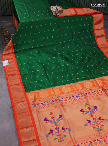 Pure paithani silk saree green and orange with allover zari woven buttas and paithani weaving pallu
