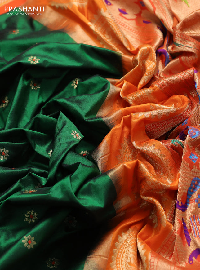 Pure paithani silk saree green and orange with allover zari woven buttas and paithani weaving pallu