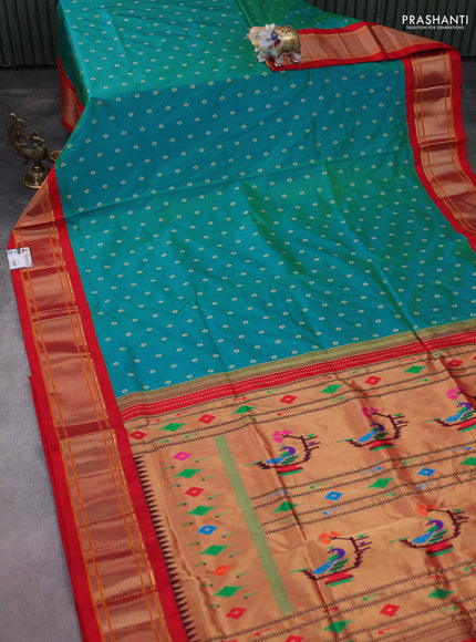 Pure paithani silk saree dual shade of teal bluish green and red with allover zari woven buttas and paithani weaving pallu
