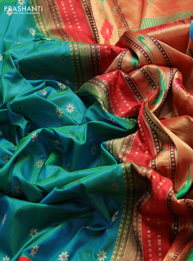 Pure paithani silk saree dual shade of teal bluish green and red with allover zari woven buttas and paithani weaving pallu