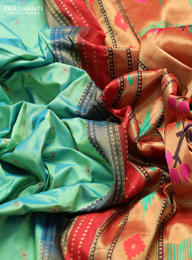 Pure paithani silk saree dual shade of teal and red with allover zari woven buttas and paithani weaving pallu