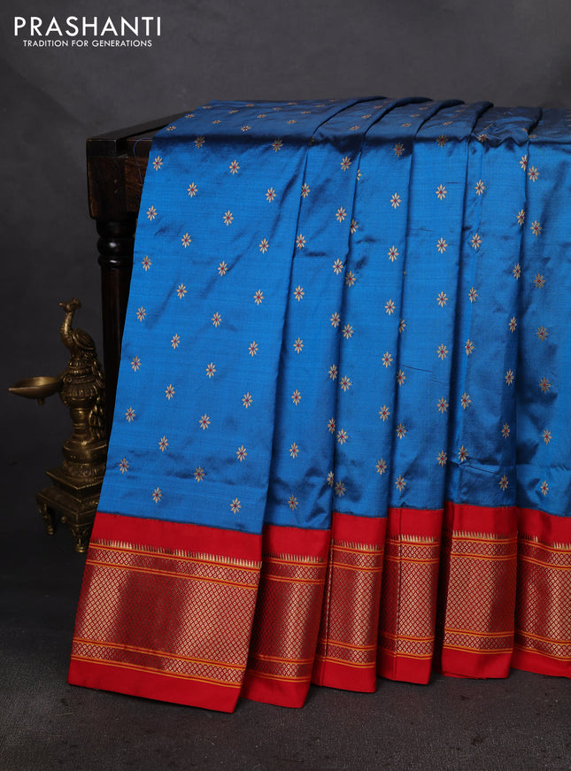 Pure paithani silk saree peacock blue and red with allover zari woven buttas and paithani weaving pallu