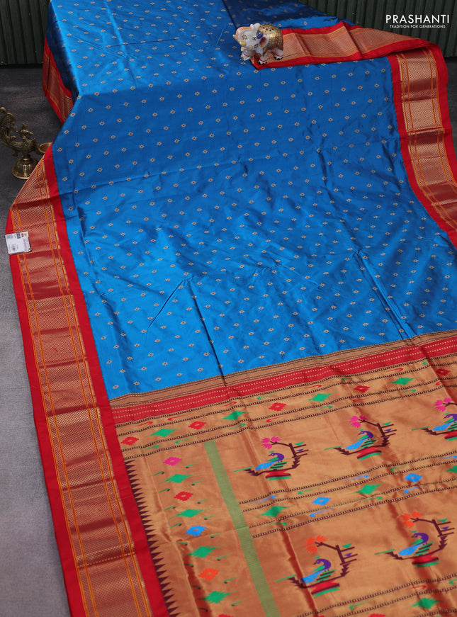 Pure paithani silk saree peacock blue and red with allover zari woven buttas and paithani weaving pallu