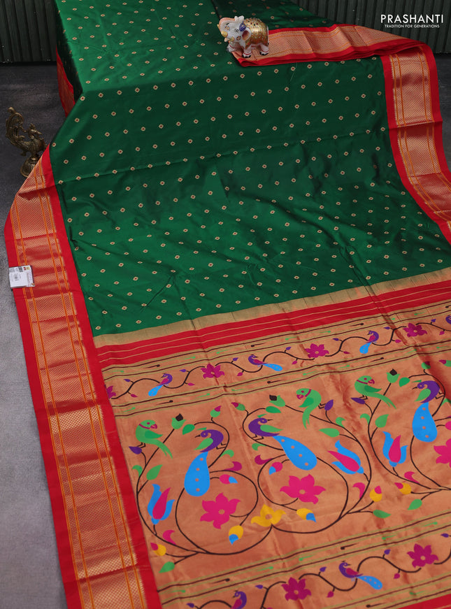 Pure paithani silk saree green and red with allover zari woven buttas and paithani weaving pallu